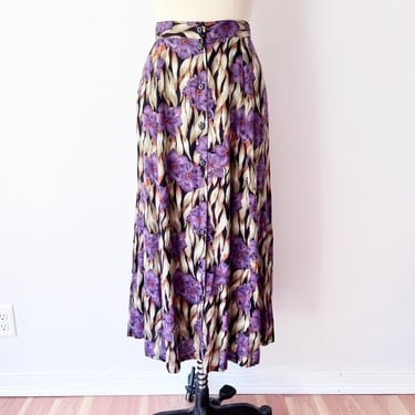 Size L / XL Vintage Tropical Floral Skirt - Rayon Palm Leaf Green & Purple Maxi Skirt - Sag Harbor Boho Skirt - Size Extra Large 