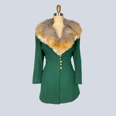 Vintage 1930s Emerald Green Wool Jacket Coat with Lucsious Fur Collar Art Deco Lightweight and Hip Length 