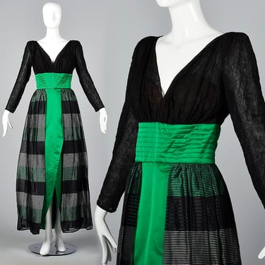 Small Mignon Long Pencil Dress Deep V Neckline Long Sleeve Evening Dress Formal Gown Emerald Green Silk Gown Vintage 1980s 