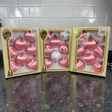 Vintage Pink Ball Satin-Sheen Christmas Tree Ornaments, Set of 24 Pink & White, The Victorian Collection by Rausch Industries, Unbreakable 