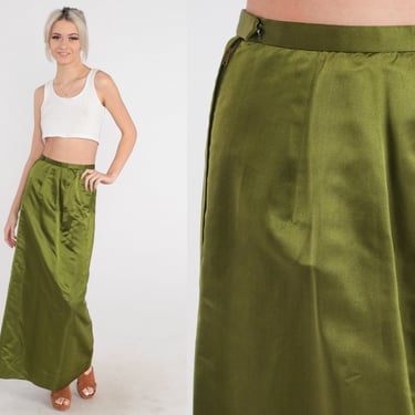 Long Green Skirt 60s Maxi Skirt Formal Evening Shiny Plain Pea Green Retro Cocktail High Waisted Party Sixties Glam Chic Vintage 1960s XS 24 