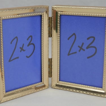 Small Vintage Hinged Double Picture Frame - Gold Tone Metal w/ non-glare Glass - Holds Two Wallet Size 2 1/2" x 3 1/2" Photos - 2x3 Frames 