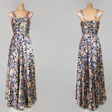 VINTAGE 1930s Art Deco Floral Printed Silk Full Length Evening Gown | 30s Slinky Slip Dress Orchid Print | XS/S VFG 