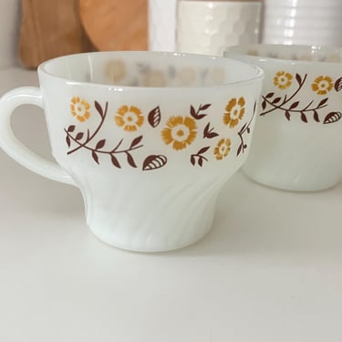 Vintage Thermocrisa Mexican Milk Glass Brown Floral Coffee Mugs - Set of 2 