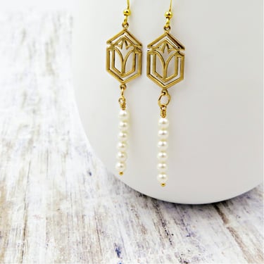 Gold Art Deco Earrings, Long Pearl Earrings, Swarovski Pearl Jewelry, Gift for Her, Wedding Day Earrings 