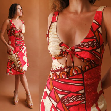Vintage 60s Tiki Cutout Mini Dress/ 1960s Tori Richard Barkcloth Hawaiian Dress/ Size XS Small 