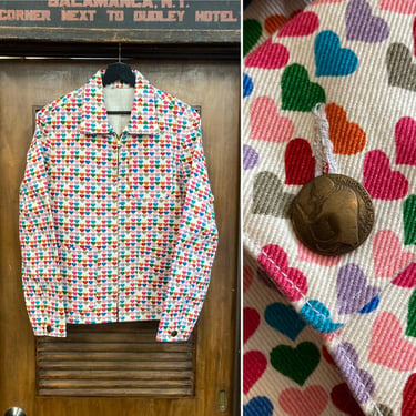 Vintage 1980’s 1960’s Style Mod Heart Print Twill Workwear Jacket, 80’s Chore Jacket, Vintage Clothing 