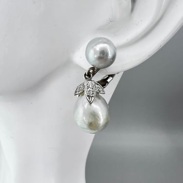 Vintage 14k Pearl & Diamonds Clip Earrings 