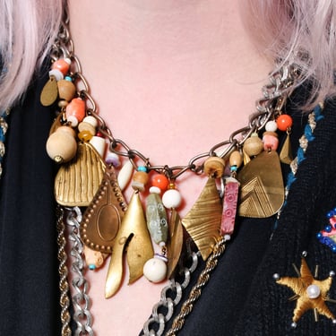 Fabulous Vintage 70s 80s Brass Trinkets Statement Necklace 