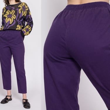 90s Purple Tapered Leg Mom Pants - Medium | Vintage Pleated High Waisted Elastic Trousers 