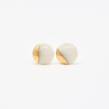 Mier Luo Porcelain Jewelry - Small Gold Dipped Flat Circle Studs - White