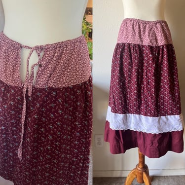 vintage gunne sax inspired burgundy floral cotton skirt size small 