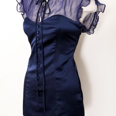 Blue SILK Betsey Johnson Mini Dress, Tunic Top Blouse Vintage 1980's, 1990's 100% Silk Peasant Babydoll style 