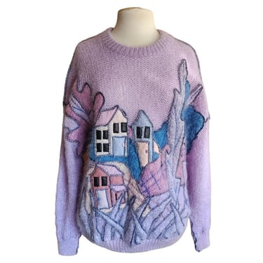 80s Mohair Embroidered Sweater by Vashti w/Village Scene Applique Purple Knit 