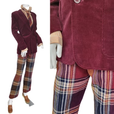 1970's Burgundy Plaid Poly Wool Blend High Waist Pants I Sz Med I W: 28