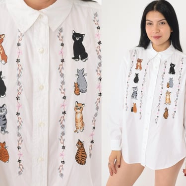 90s Cat Shirt Button Up Shirt White Embroidered Animal Long Sleeve Top Collar Blouse Button Down Kitten Vintage Cotton Oversized Medium 