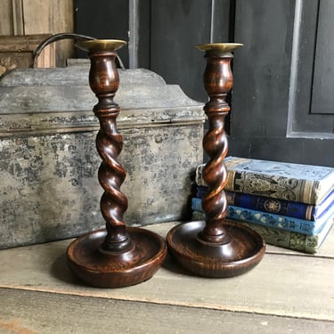 English Oak Barley Twist Candlesticks, Brass, 10 inch, Rustic Wood Candle Holders, Edwardian Era, Pair, Set of 2 