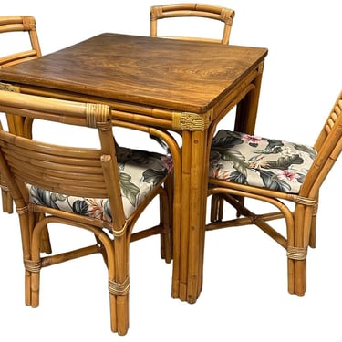 Restored Rattan Square Koa Wood Dining Table with Stacked Rattan Chairs Set 
