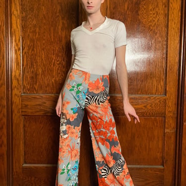 70s Wide leg floral and animal print pants 
