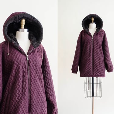 purple vintage quilted jacket | women's hooded coat | 90s clothing 