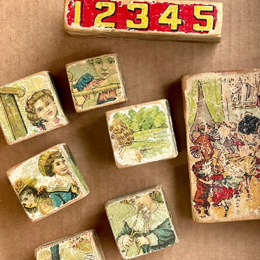 Antique Victorian Lithograph ABC Story Wood Blocks Children’s Puzzle Blocks French European 