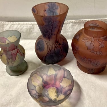 Vintage Rueven Glass by Nouveau Art Glass Co. Hand Hand Painted Israel Watercolor Painted Glass Art~ 4 pc set 