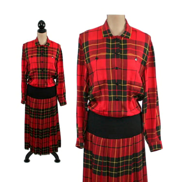 80s Red Plaid Maxi Dress, Drop Waist Pleated Long Sleeve Winter Dress, 1980s Clothes Women, Vintage Clothing from Ronnie Heller Medium Large 