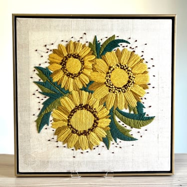 Vintage Crewel Embroidery Sunflowers, Framed 21x21 
