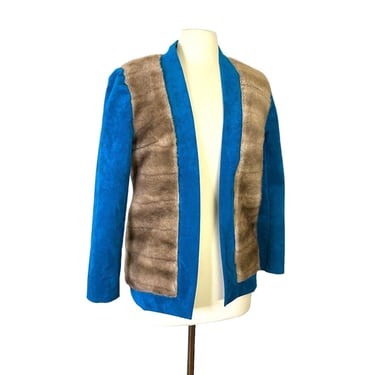 Vintage 70s 80s Bright Peacock Blue Ultrasuede Vegan Faux Suede Leather Brown Faux Fur Open Front Jacket Retro 