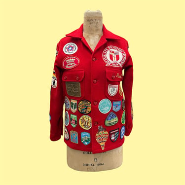 Vintage Boy Scouts of America Official Jacket 1950s Mid Century + Red Wool + Embroidered Patches + Buttondown + Youth + Shacket + Outerwear 