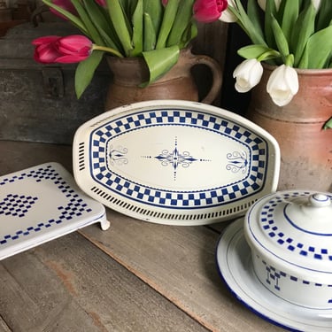 French Small Metal Serving Tray, Lustucru Blue White Check, Barware, Chippy French Farmhouse Decor 