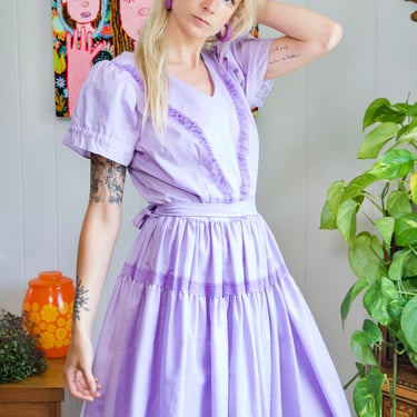 Lavender Rockabilly Dress 60s Square Dance Dress 70s Purple Lolita Lace Ruffle Dress Puff Sleeves Full Circle Skirt Medium Large 