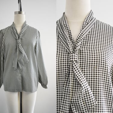 1980s Black and White Houndstooth Blouse 