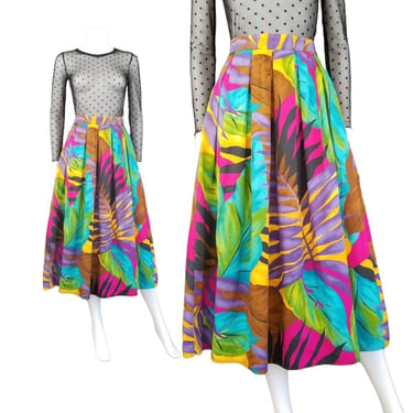 Vintage Tropical Print Skirt, Small / 1980s Multi Color Pleated Skirt / Bright Island Palm Print Skirt / All Cotton Rainbow Midi Day Skirt 