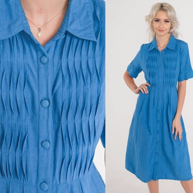 Blue Midi Dress 90s Button up Day Dress Short Sleeve High Waisted Pleated Collared Shirtdress Retro Simple Secretary Vintage 1990s Small S 