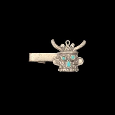 1960s Novelty Silver Tone Mask Tie Clip | 60s Vintage Turquoise Colored Tie Clip 