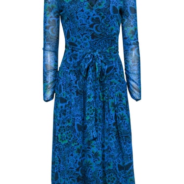 Diane von Furstenberg - Blue & Green Floral & Leaf Print Wrap Dress Sz S