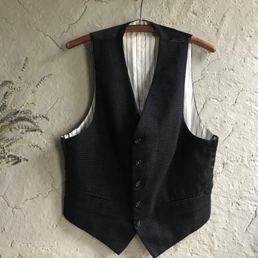 French Black Wool Waistcoat, Red Dot Pattern, Stripe Cotton Lined, Paris Buckle, Belted, Period Clothing 