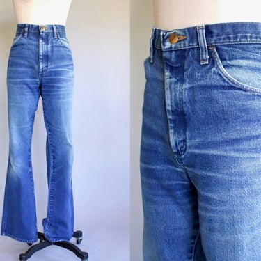 34” x 32.5” Vintage Faded Wrangler High Rise Boot Cut Jeans - Whiskered Medium Wash Denim 