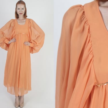 Plain Avant Garde Poet Sleeve Dress Vintage 60s Sheer Chiffon Lounge Gown Sheer Party Hostess Outfit Dress 