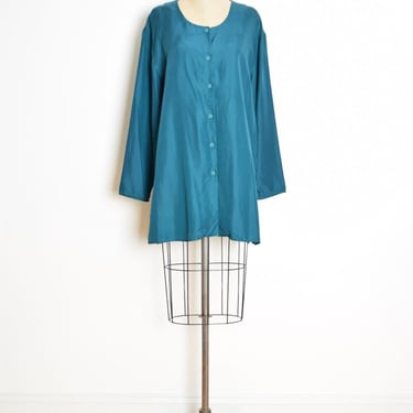 vintage 90s tunic top DVF Diane von Furstenberg teal silk long shirt blouse M L clothing 