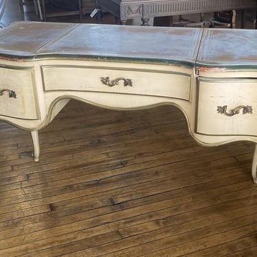 Distressed Leather Top White Desk w 2 Drawers