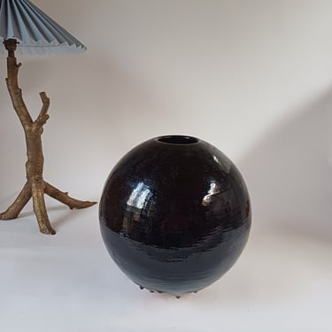 Large, Black Glazed, Round Studio Pottery  Vase