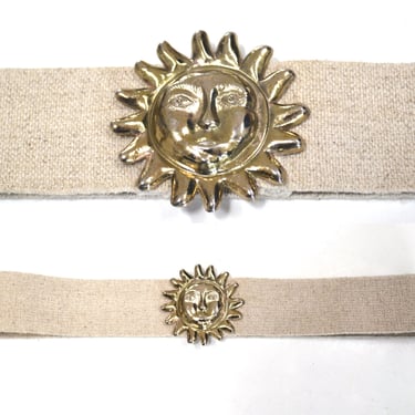 1970s-80 Gold Sun Belt Buckle Stretch Beach wedding Belt Gold Sun Buckle 80s Vintage Large Sun Belt Buckle  Stretch belt Tan gold Wedding 