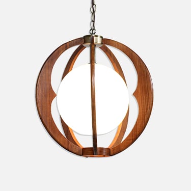 Mid-Century Modern Sculpted Walnut & Glass Sphere Pendant Chandelier