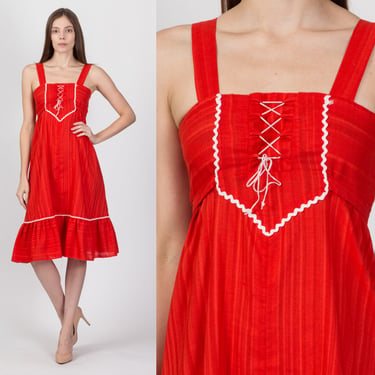 XXS 70s Red Corset Tie Midi Sundress | Vintage Boho Sleeveless A Line Prairie Day Dress 