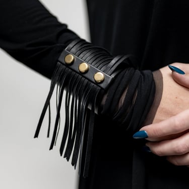 Gold Tone Studded Fringe Detail Leather Cuff