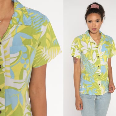 90s Tropical Shirt Yellow Green Shirt Hawaiian Blouse Button Up 1990s Vintage Surfer Vacation Short Sleeve Leaf Print Retro Top Medium 