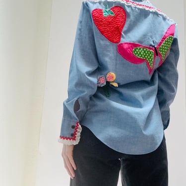 70s Vintage Denim Shirt Ruffles and Flowers Hand Embroidered Patchwork Quilted Denim Shirt Medium Western Cowgirl Shirt Small Medium 