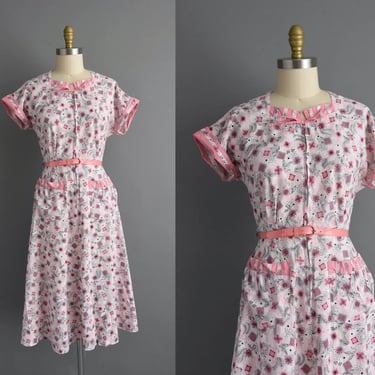 1950s vintage dress | Bubble Gum Pink Cotton Short Sleeve Day Dress | Large | 50s dress 